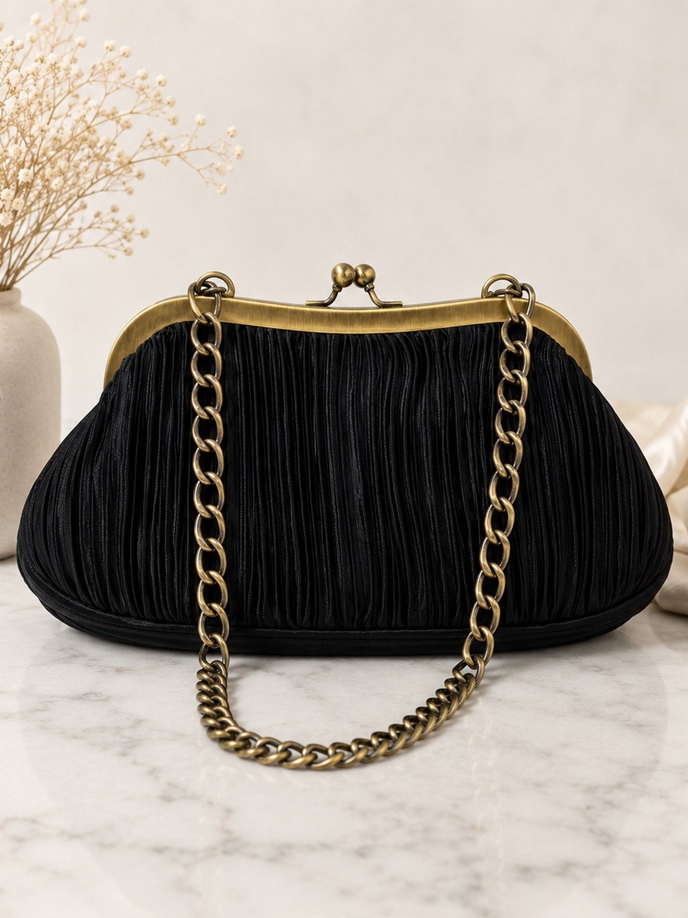 Black Pleated Satin Kiss Lock Evening Bag Chain Strap